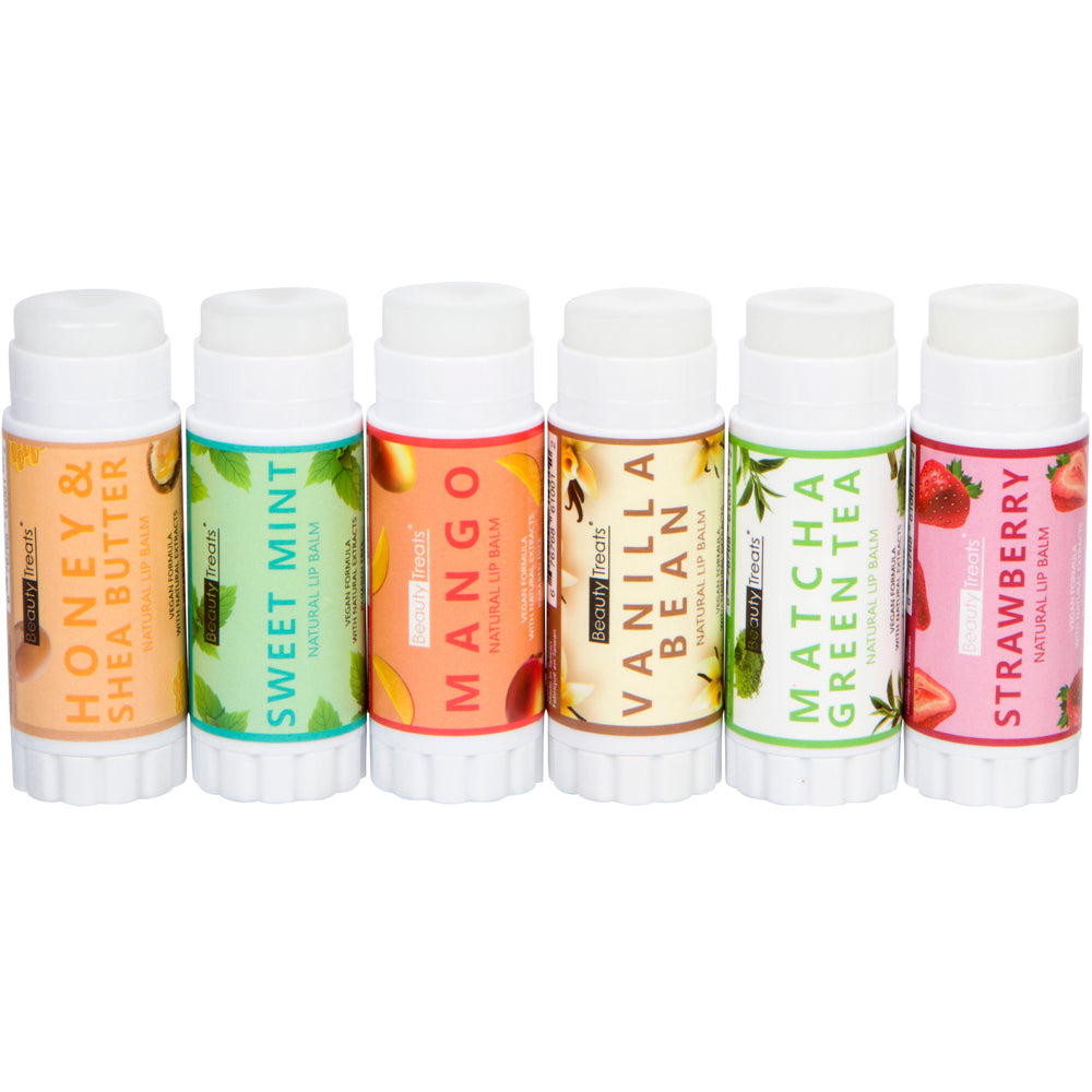 Beauty Treats Natural Lip Balm Set of 6 Scents Honey & Shea Butter, Sweet Mint, Mango, Vanilla Bean, Matcha Green Tea, Strawberry - Bálsamo para Labios
