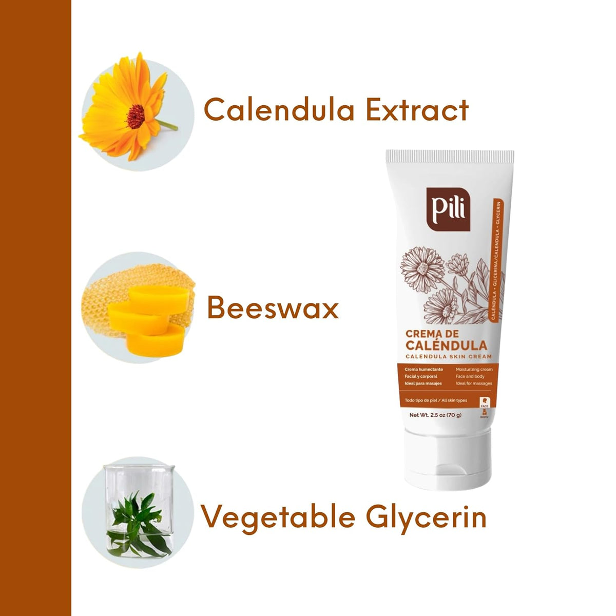 Pili Natural Calendula Cream - Moisturizing Cream for Rough, Dry, or Chapped Skin - Hydrating and Nurturing Skin Moisturizer - Unscented and Non-Greasy (2.5 oz)