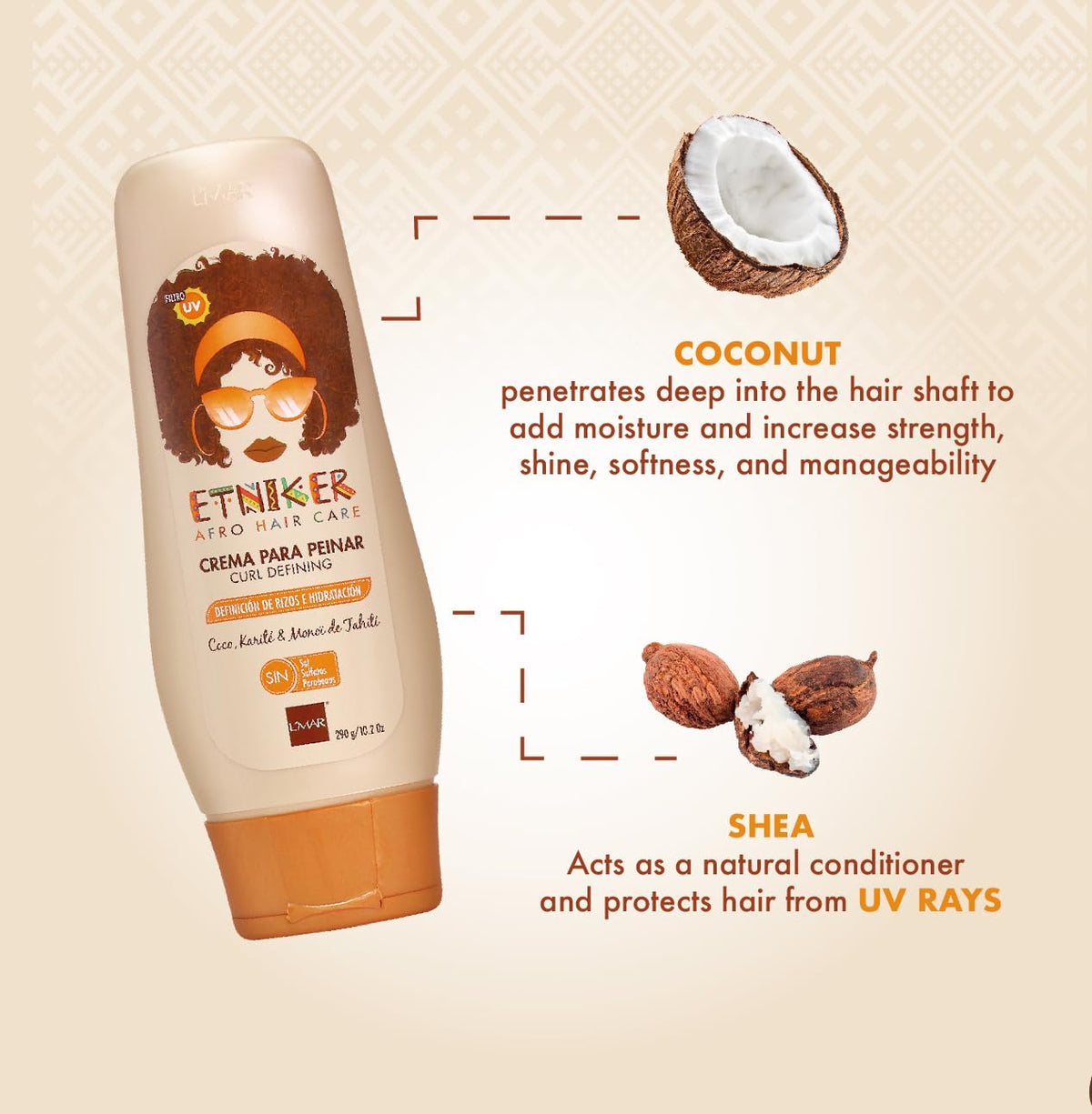 ETNIKER Curl Defining Styling Cream. Moisturize & Define. Coconut oil, Shea Butter & Monoi Oil. Free Sulfates, Salt, Silicones, Mineral Oil, and Parabens. Etniker crema para peinar rizos