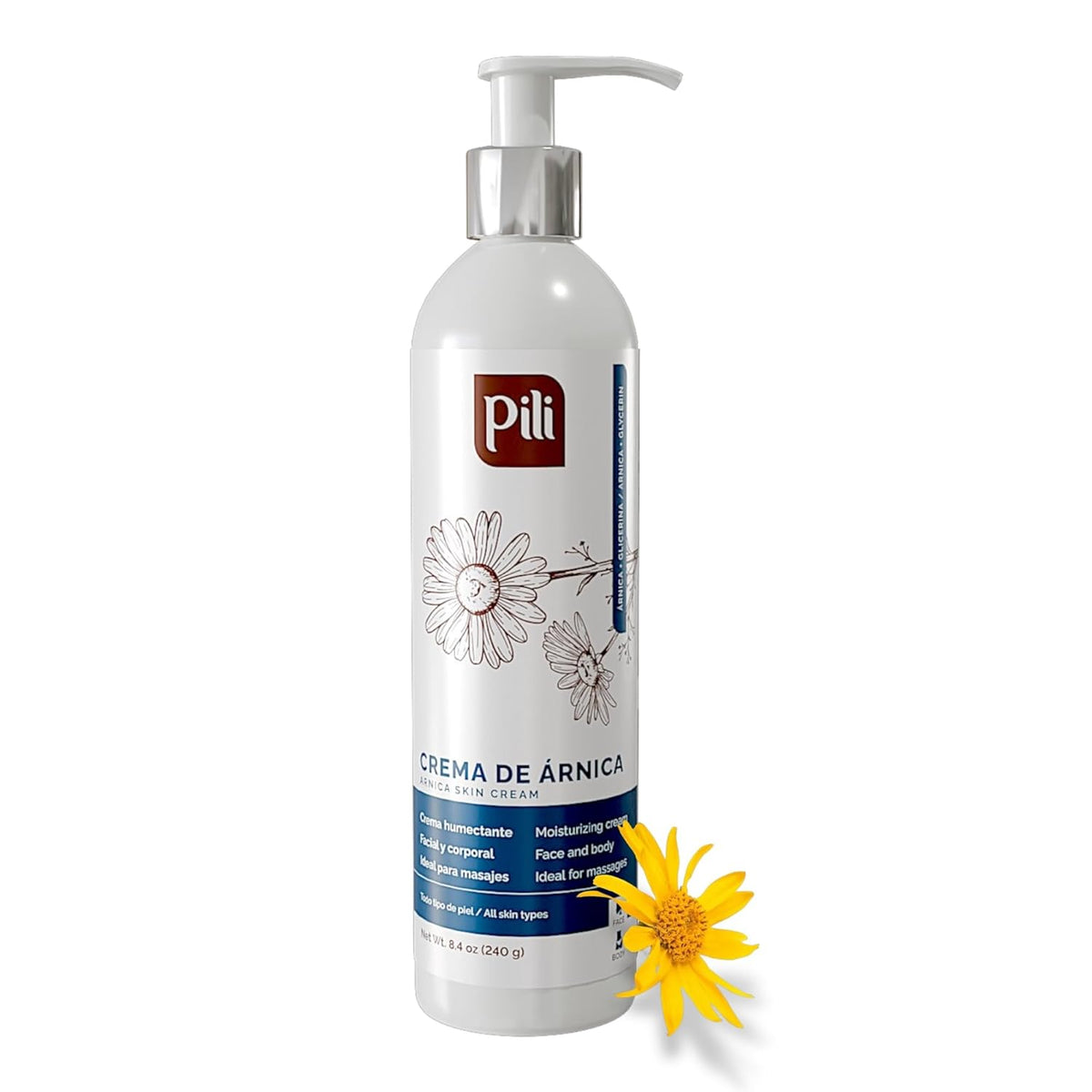 Pili Arnica Cream 8.4 oz. Deep Hydration & Soothing Relief for Dry, Rough Skin & Discoloration. Lightweight Face, Hand & Body Moisturizer, Non-Greasy & Fast Absorbing