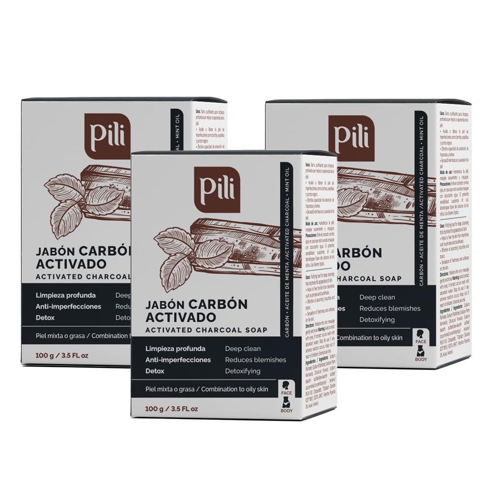 Pili Natural Activated Charcoal Detoxifying Soap Bars with Peppermint Oil (3 Pack) for Face and Body for Men, Women and Teens