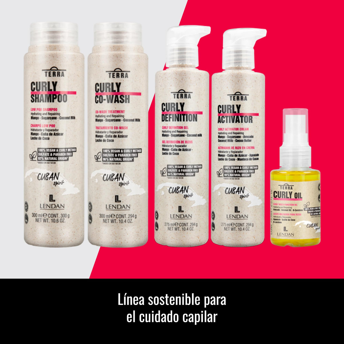 Lendan Curly Cuban Spirit 4-PIECE ACTIVATOR & OIL KIT by Terra with Low Poo Shampoo 10.6 oz + Co-Wash Treatment 10.4 oz + Curl Activator Cream 9.0 oz + Curly Oil 2.5 fl.oz