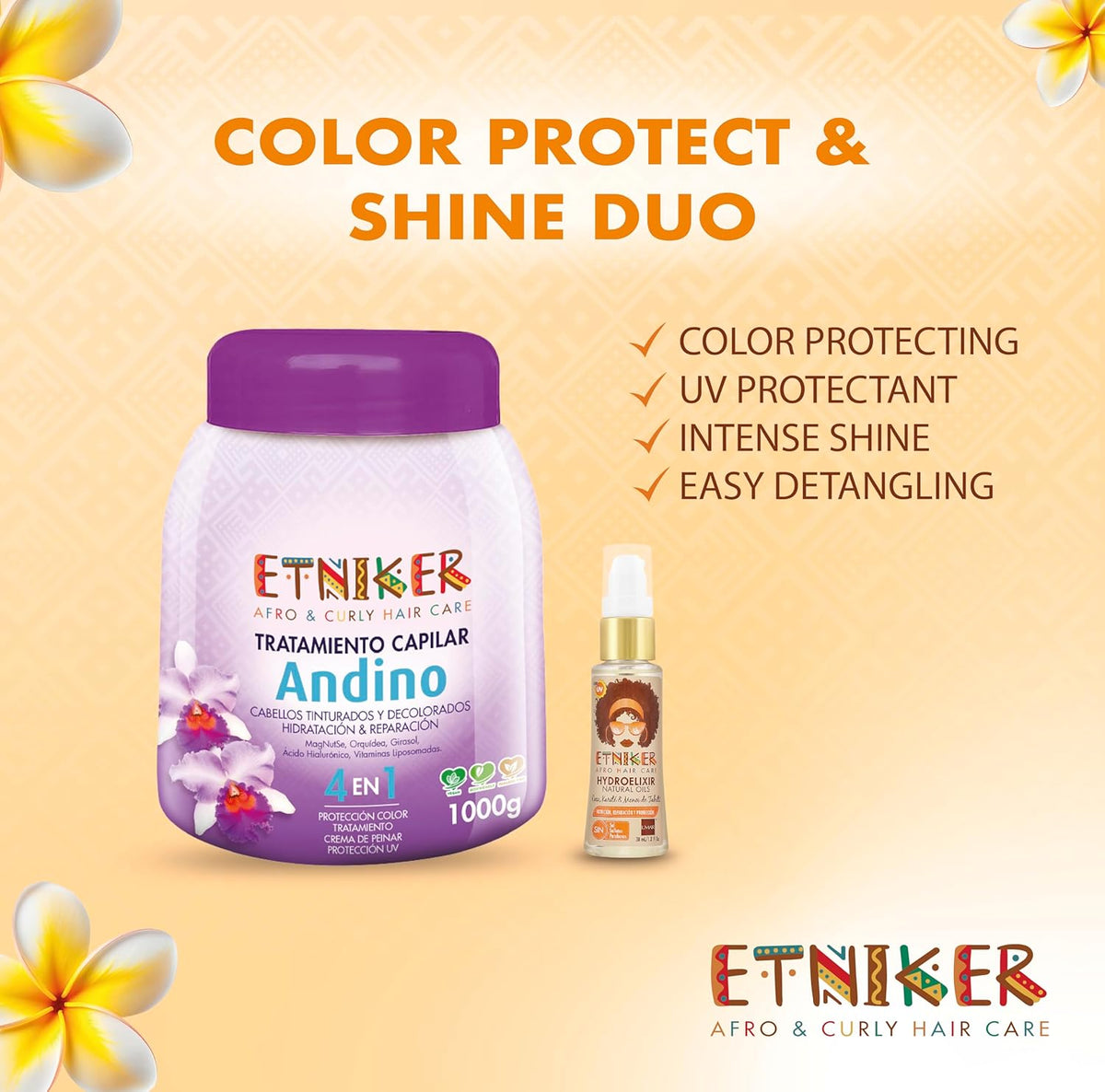 Etniker Andino + Hydroelixir Hair Care Bundle: 4-in-1 Hydrating & Repairing Treatment (35 oz) + Hydroelixir Natural Oils (Salt & Paraben-Free) for Curly, Dyed, Bleached Hair