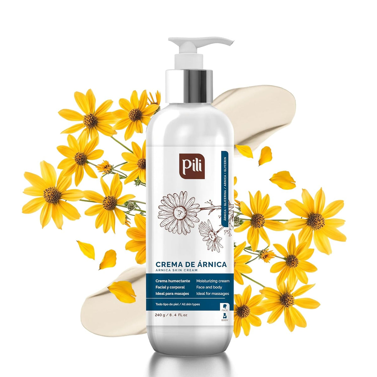Pili Arnica Cream 8.4 oz. Deep Hydration & Soothing Relief for Dry, Rough Skin & Discoloration. Lightweight Face, Hand & Body Moisturizer, Non-Greasy & Fast Absorbing