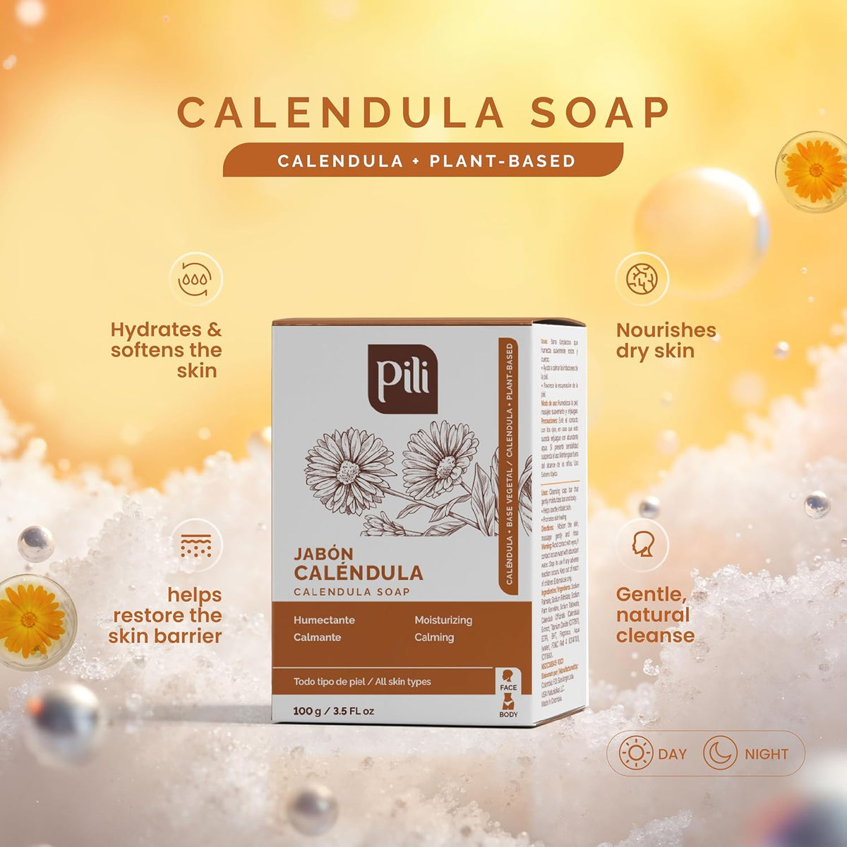 Pili Natural Calendula Soap Bars for Face and Body, for Dry or Cracked Skin, Gentle Cleanser for Men, Women and Teens (3 Pack)