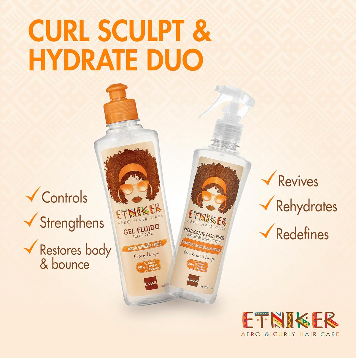 Etniker Kit for Curls: ETNIKER Jelly Gel and Curl Refresher Spray | Nourish, Define, and Revive with Coconut, Flaxseed, and Shea Butter | Silicone, Oil, and Paraben-Free | 2-piece set