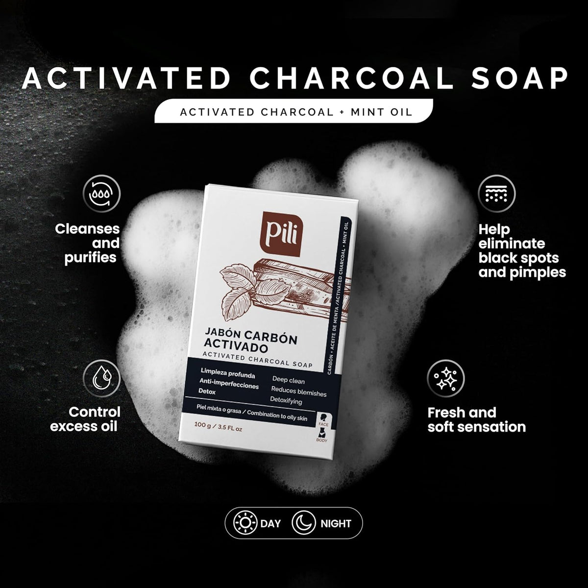 Pili Natural Activated Charcoal Detoxifying Soap Bars with Peppermint Oil (3 Pack) for Face and Body for Men, Women and Teens