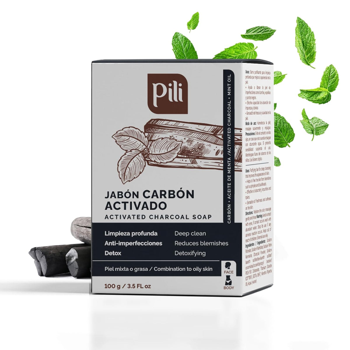 Pili Natural Activated Charcoal Detoxifying Soap Bars with Peppermint Oil (3 Pack) for Face and Body for Men, Women and Teens