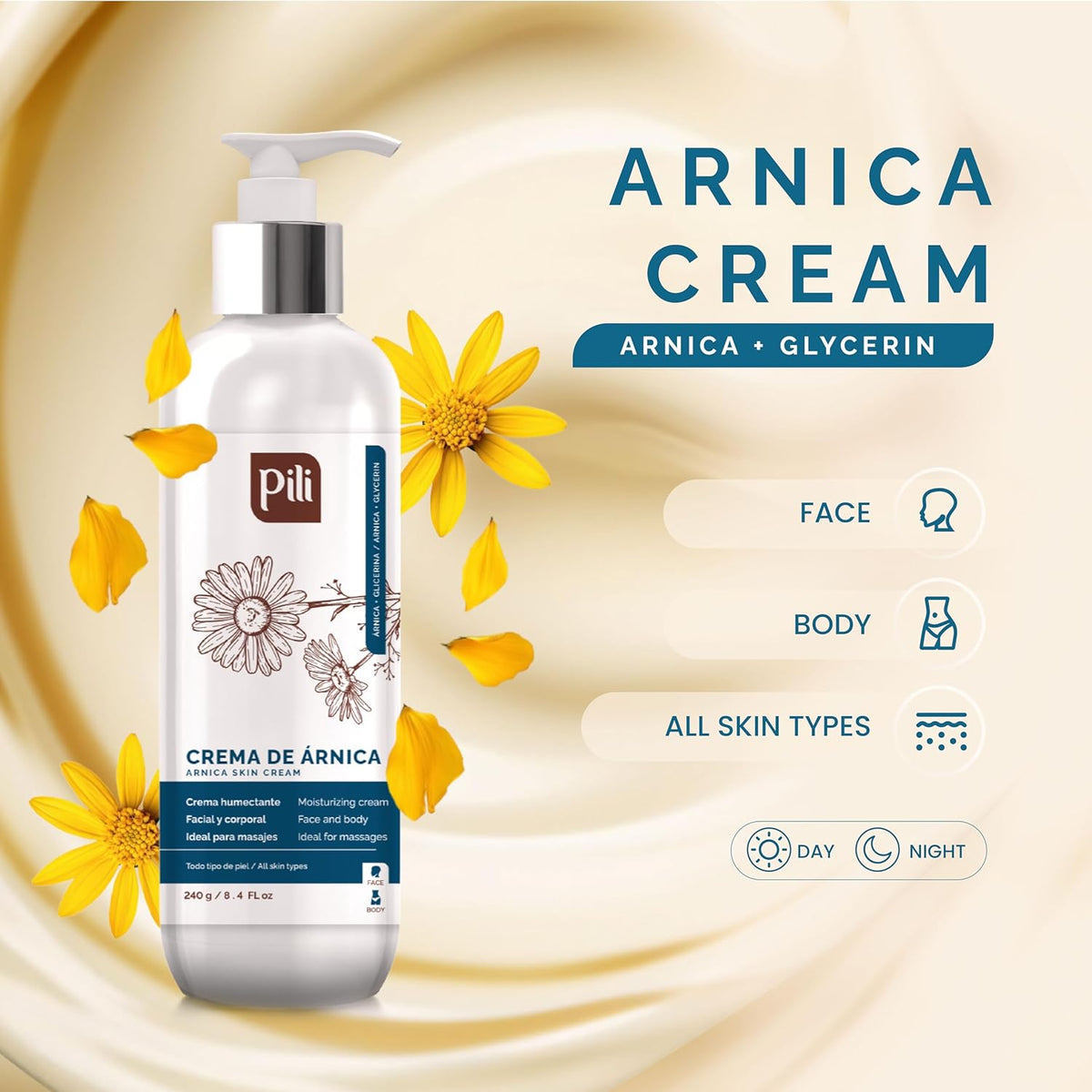 Pili Arnica Cream 8.4 oz. Deep Hydration & Soothing Relief for Dry, Rough Skin & Discoloration. Lightweight Face, Hand & Body Moisturizer, Non-Greasy & Fast Absorbing