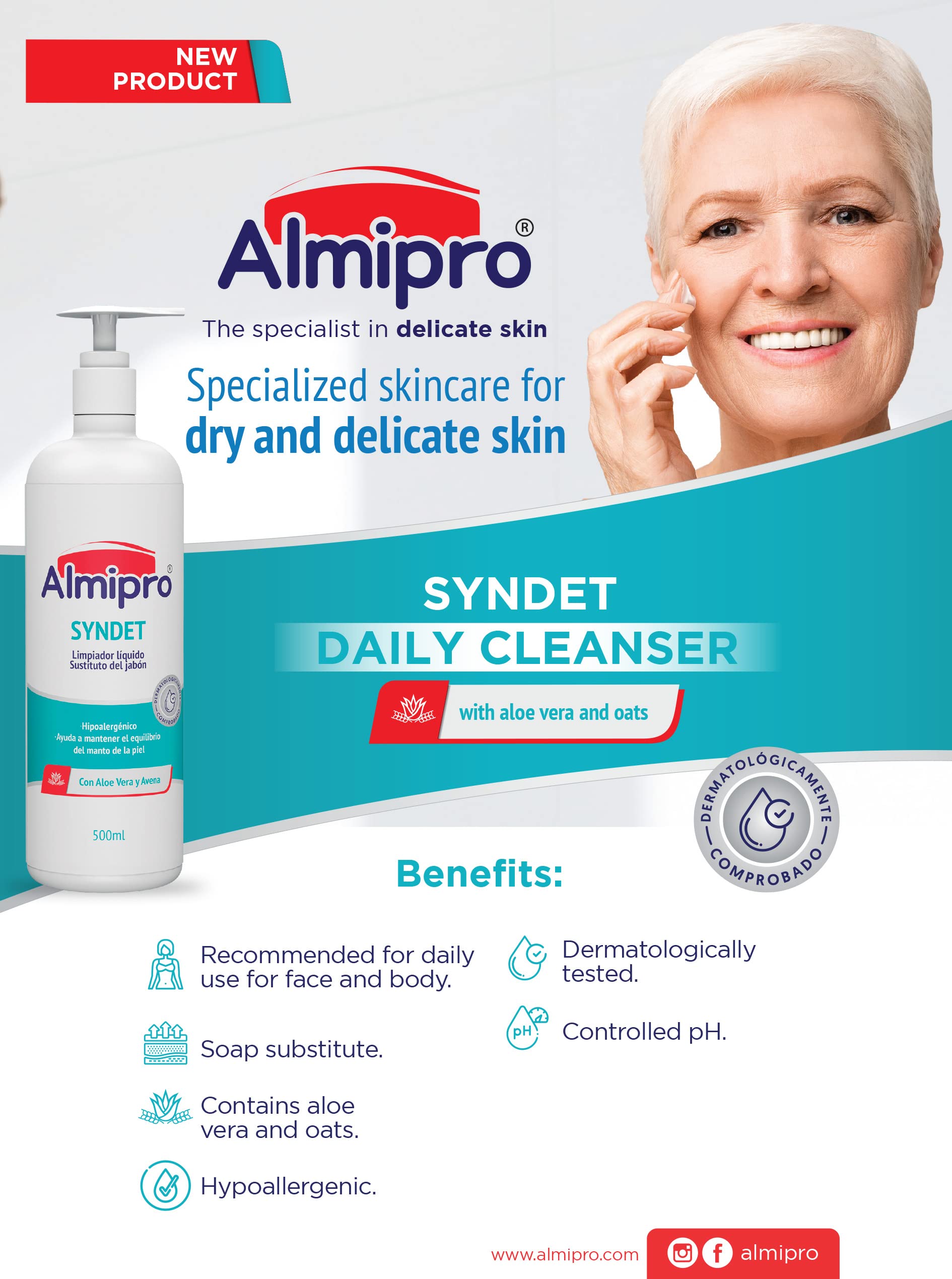 Almipro Syndet Skin Cleanser | Soap-free Moisturizing Body Wash with Aloe Vera & Oatmeal for Dry, delicate, sensitive Skin | Dermatologist Recommended | Bottle 16.9 fl. oz.