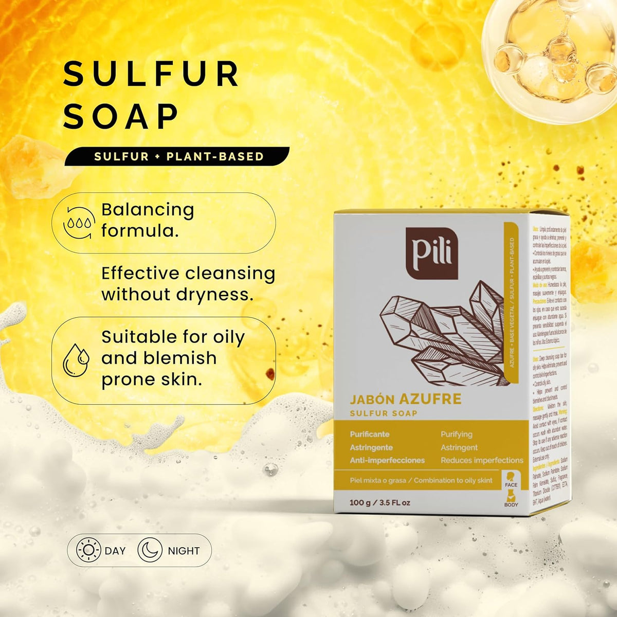 Pili Natural Sulfur Soap Bars (3 Pack) Jabón de azufre - Deep Cleansing and Oil-Control Formula for All Skin Types - Maintain Healthy Skin - 3-Pack