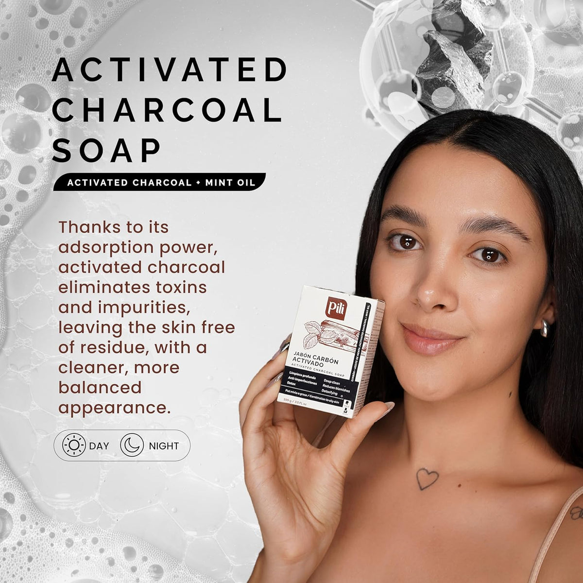 Pili Natural Activated Charcoal Detoxifying Soap Bars with Peppermint Oil (3 Pack) for Face and Body for Men, Women and Teens