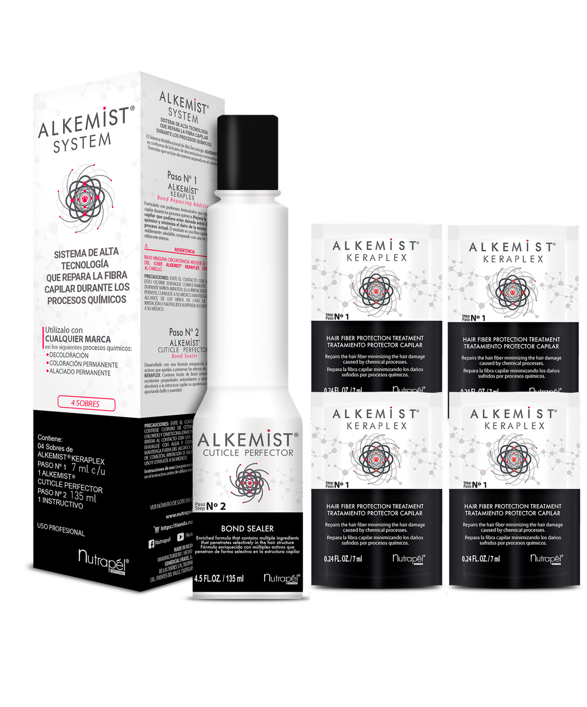 Nutrapel ALKEMIST SYSTEM KIT OF 4 PACKETS KERAPLEX BONDER SYSTEM + CUTITCLE BOND SEALER bottle of 4.5 oz