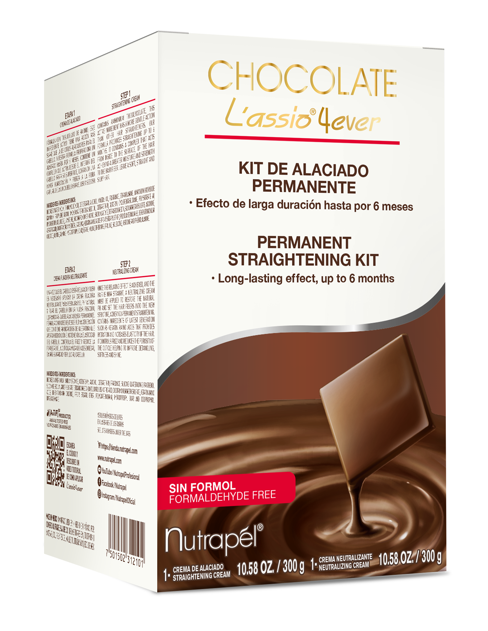 Nutrapel CHOCOLATE L´ASSIO 4EVER PERMANENT STRAIGHTENING KIT (SET OF 2) 10.58 oz. each. Lasts up to 6 months.