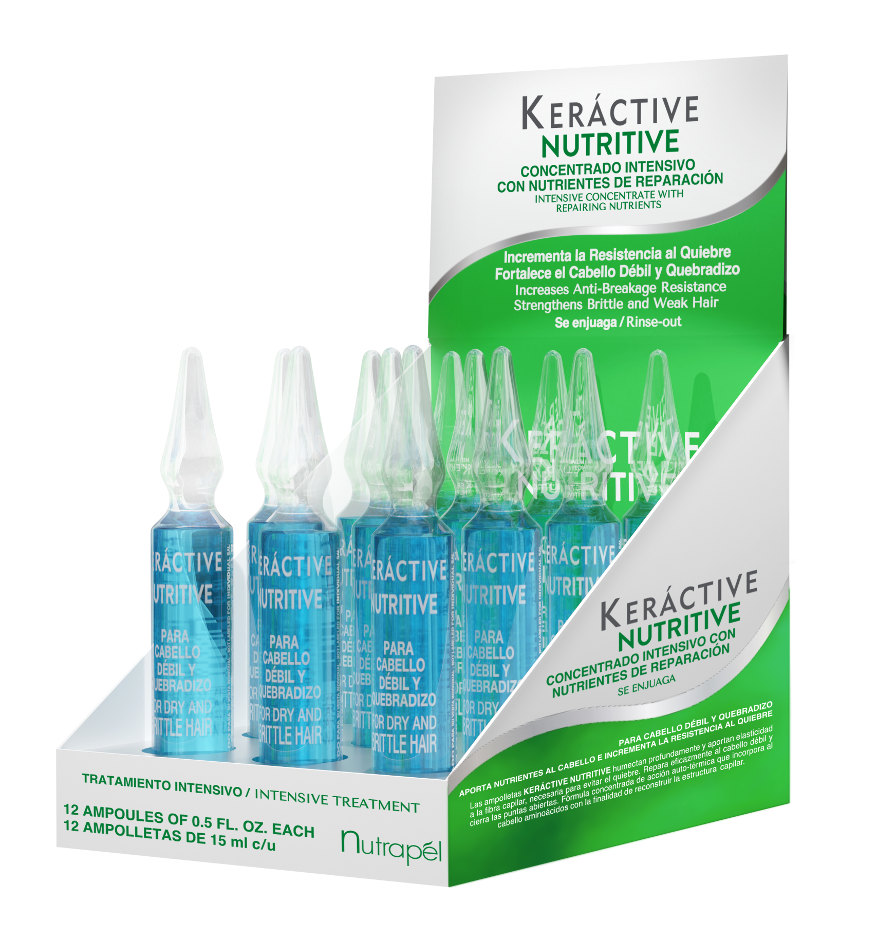 Nutrapel KERÁCTIVE NUTRITIVE MOISTURIZING TREATMENT FOR DEHYDRATED HAIR Bamboo and Green Tea Vials Concentrated treatment with Amino acids. Rinse-out & Auto-thermal. (Set of 12 ampoules) 0.5 oz.