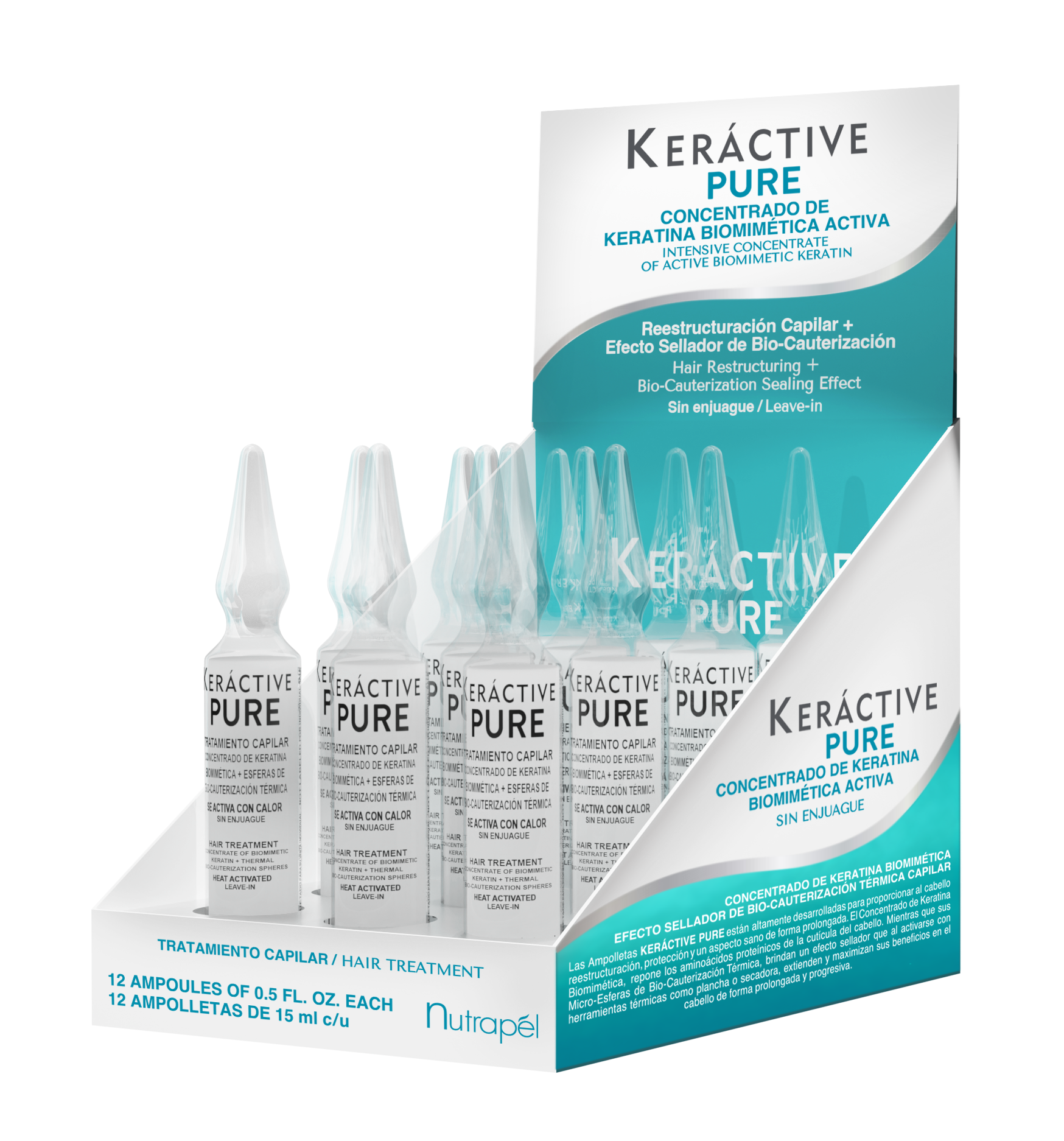 Nutrapel KERÁCTIVE PURE BIO-CAUTERIZATION LOCK IN COLOR with Keratin micro-spheres & Amino acids . SET OF 12 AMPOULES. Leave-in Concentrated treatment .