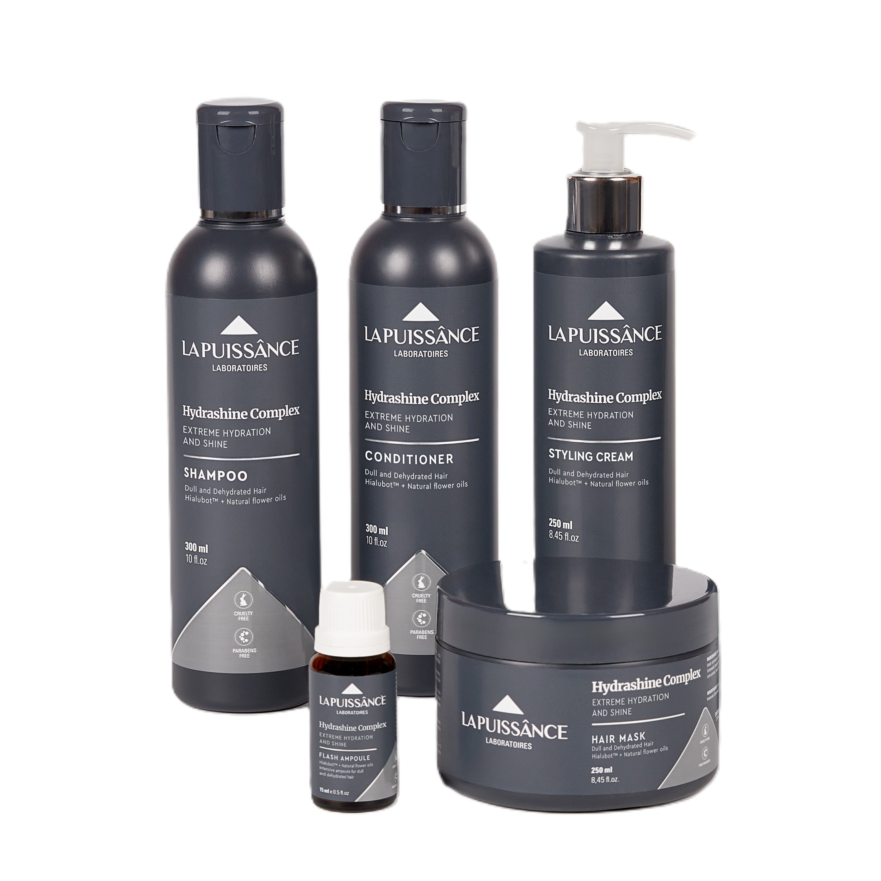 LA PUISSANCE Hydrashine Complete 5‑Step Hair Care Kit – Shampoo + Conditioner + Mask + Flash Ampoule + Leave‑In | Deep Hydration, Shine & Anti‑Frizz | Hialubot™, Phytoqueratin™ & Natural Oils | Professional Repair System