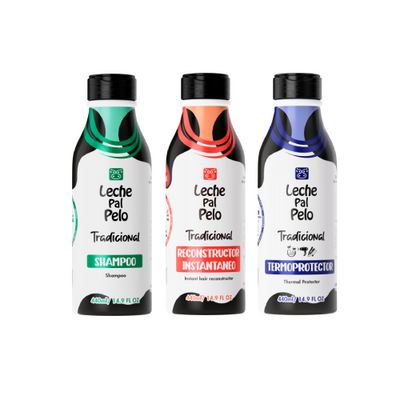 Leche Pal Pelo Tradicional Shampoo, Thermal Protector and Instant Hair Reconstructor . Set of 3 x 14.9 oz.
