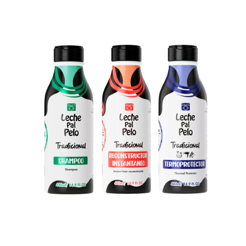 Leche Pal Pelo Tradicional Shampoo, Thermal Protector and Instant Hair Reconstructor . Set of 3 x 14.9 oz.