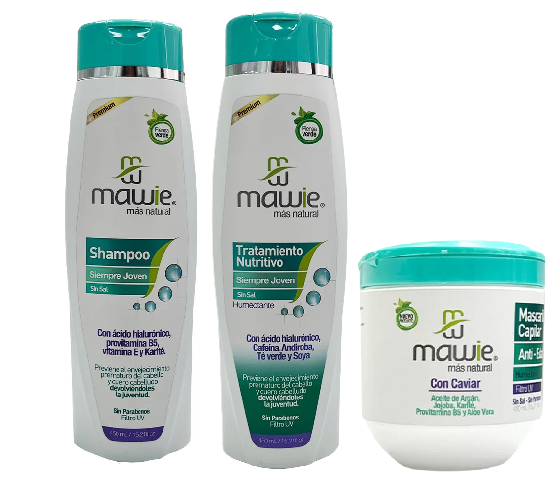 Mawie Younger Looking 3-Piece Hair Care Kit â Restorative Shampoo (15.2 fl oz / 450 ml), Conditioning Treatment & Deep Hair Mask with Hyaluronic Acid, Caviar, Green Tea, Argan & Andiroba | Salt & Paraben Free with UV Filter