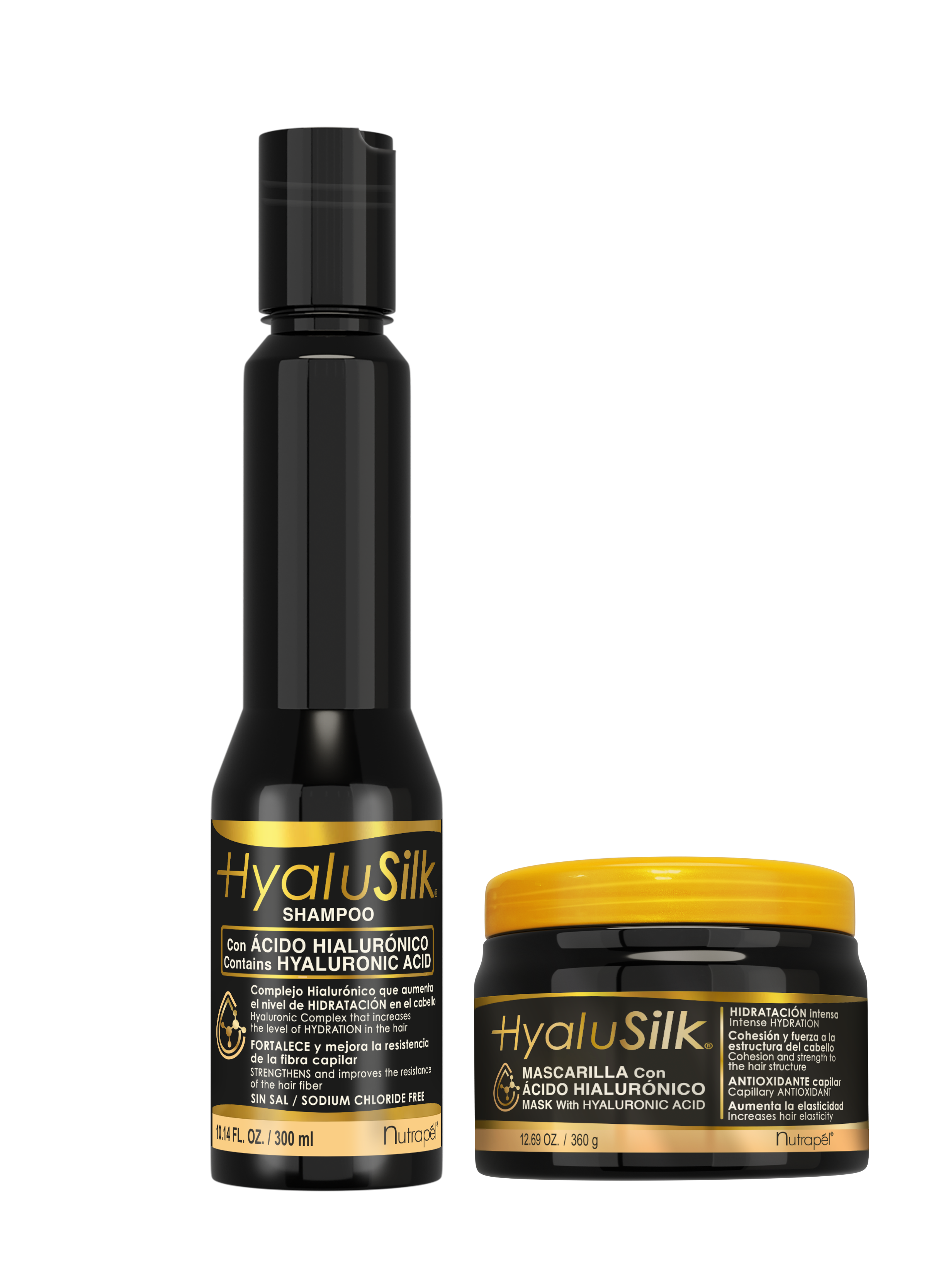 Nutrapel HYALUSILK DUO Set – Hyaluronic Acid Shampoo 300 ml + Anti‑Aging Repair Mask 360 g | Hydration, Softness & Elasticity