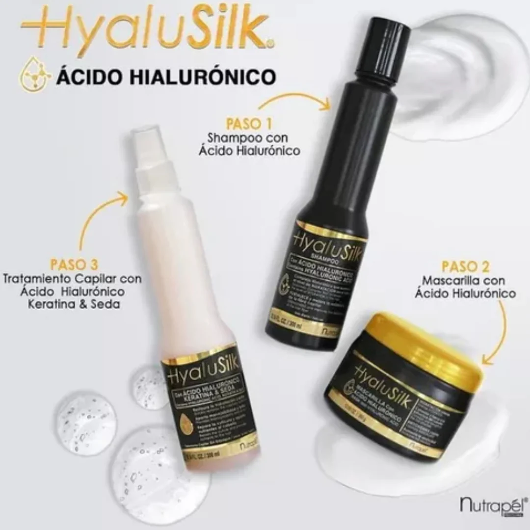 Nutrapel HYALUSILK 3‑Step System – Hyaluronic Acid Shampoo 300 ml + Repair Mask 360 g + Biphasic Treatment 300 ml | Hydration, Softness & Elasticity