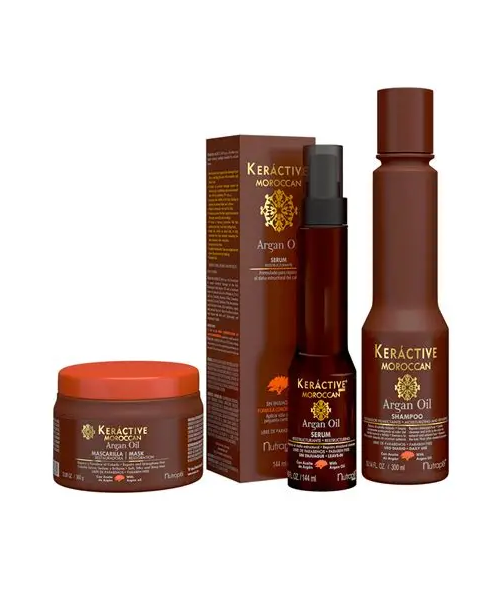 Nutrapel Keráctive Moroccan Hair Care Kit – Argan Oil Shampoo + Deep Repair Mask + Leave‑In Serum | Hydration, Softness & Shine for Dry or Damaged Hair