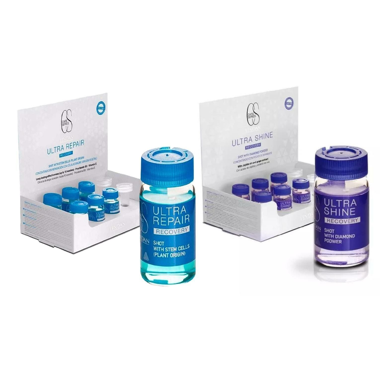 Lendan Care Series Ultra Recovery KIT, Set of 1 Box of Ultra Repair Shots + 1 Box of Ultra Shine Shots, 6 Ampoules of 0.34fl.oz Each Box - Kit Concentrado de Reparación y Brillo