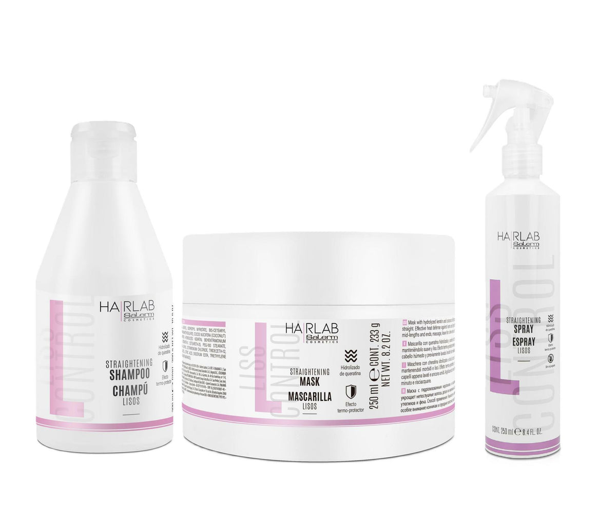 Salerm Cosmetics HAIRLAB STRAIGHTENING 3-PIECE KIT for Damage Hair, Shampoo 10.6oz + Mask 8.2oz + Spray 8.4 fl.oz
