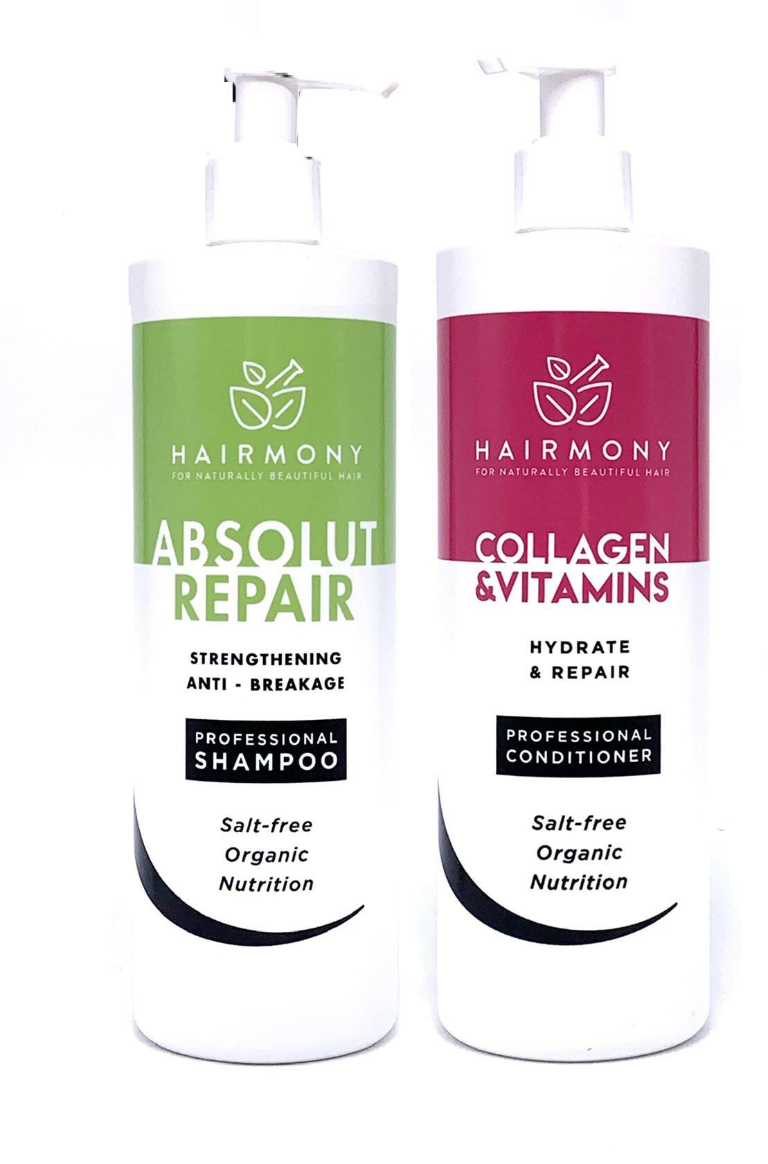 Hairmony Professional Hair Kit for Strengthening & Damaged Hair, Absolute Repair Shampoo + Collagen & Vitamins Conditioner - Kit Shampoo Absolute Repair y Acondionador de Colageno y Vitaminas para el cabello