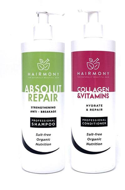 Hairmony Professional Hair Kit for Strengthening & Damaged Hair, Absolute Repair Shampoo + Collagen & Vitamins Conditioner - Kit Shampoo Absolute Repair y Acondionador de Colageno y Vitaminas para el cabello