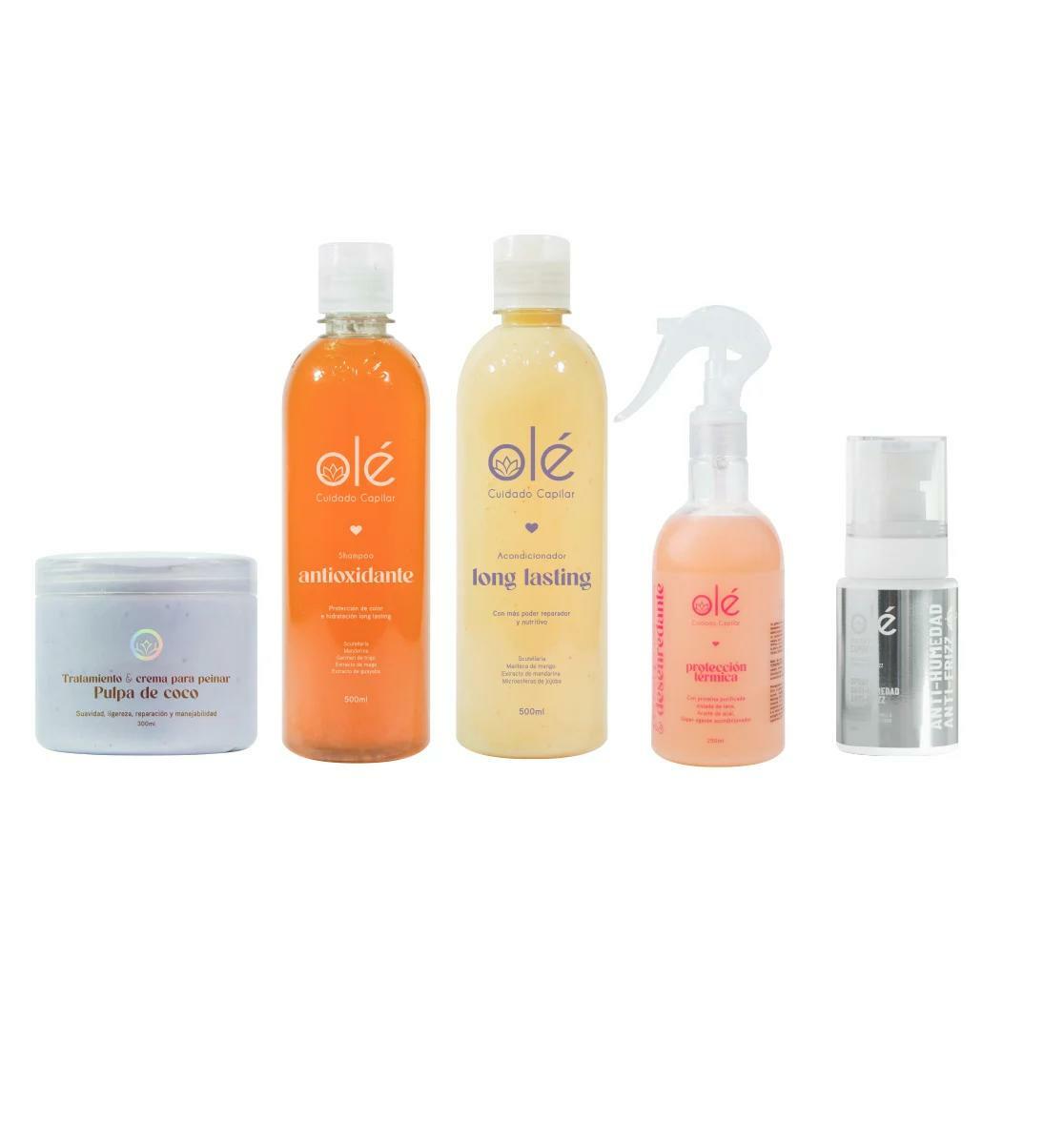 OLÉ Color-Protective Hair 5 Piece Pack - Fruit Mix Shampoo + Mango Butter & Tangerine Conditioner + Detangling Thermo protector + Anti-Frizz Anti-Humidity Spray