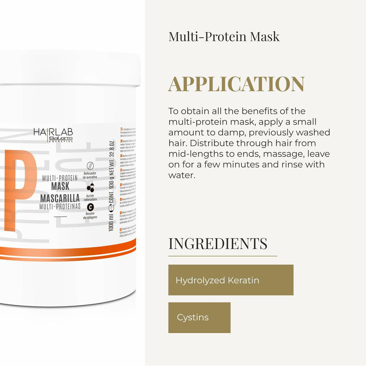 SALERM - Damaged Hair Mask - Multi-Proteins Hair Lab - 1000 ml - Helps Replenish Natural Keratin - Adds Volume and Strength - Paraben-Free