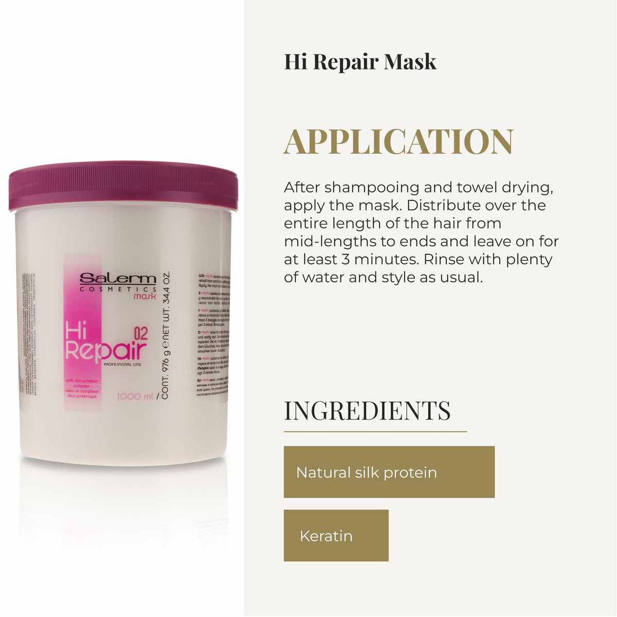 SALERM - Hair Repair Mask - Hi Repair Mask 02-1000 ml - Deeply Moisturizes Damaged Hair - Repairs and Rejuvenates - Shinier and Softer Hair - Immediate Effect