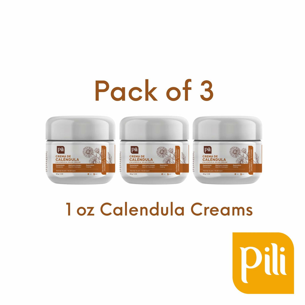Pili Natural Calendula Cream (3 Pack) - Moisturizing Cream for Rough, Dry, or Chapped Skin - Crema de Calendula (1 oz/Unit)