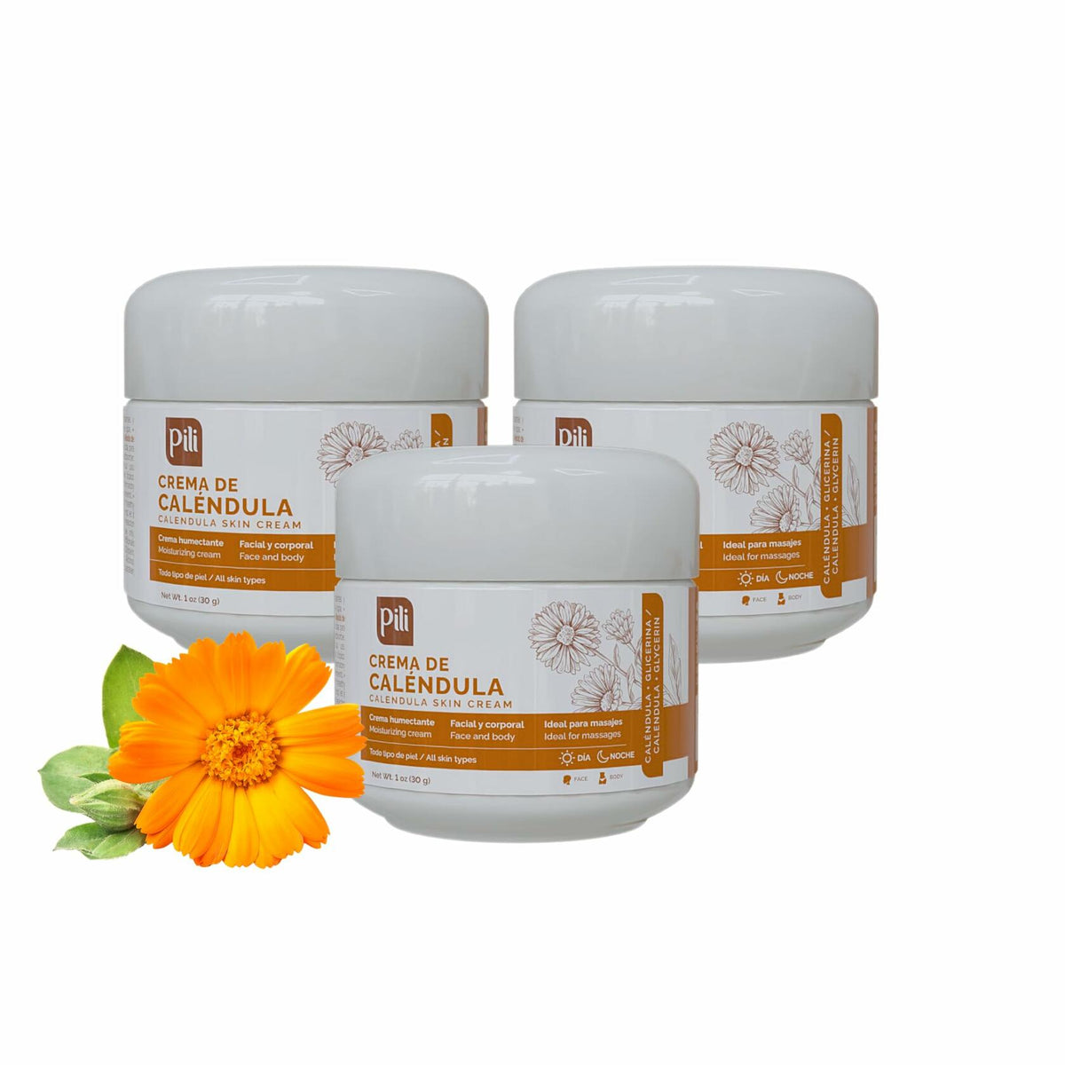 Pili Natural Calendula Cream (3 Pack) - Moisturizing Cream for Rough, Dry, or Chapped Skin - Crema de Calendula (1 oz/Unit)