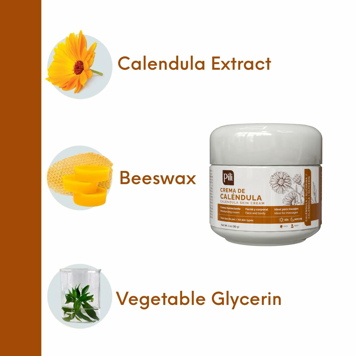Pili Natural Calendula Cream (3 Pack) - Moisturizing Cream for Rough, Dry, or Chapped Skin - Crema de Calendula (1 oz/Unit)