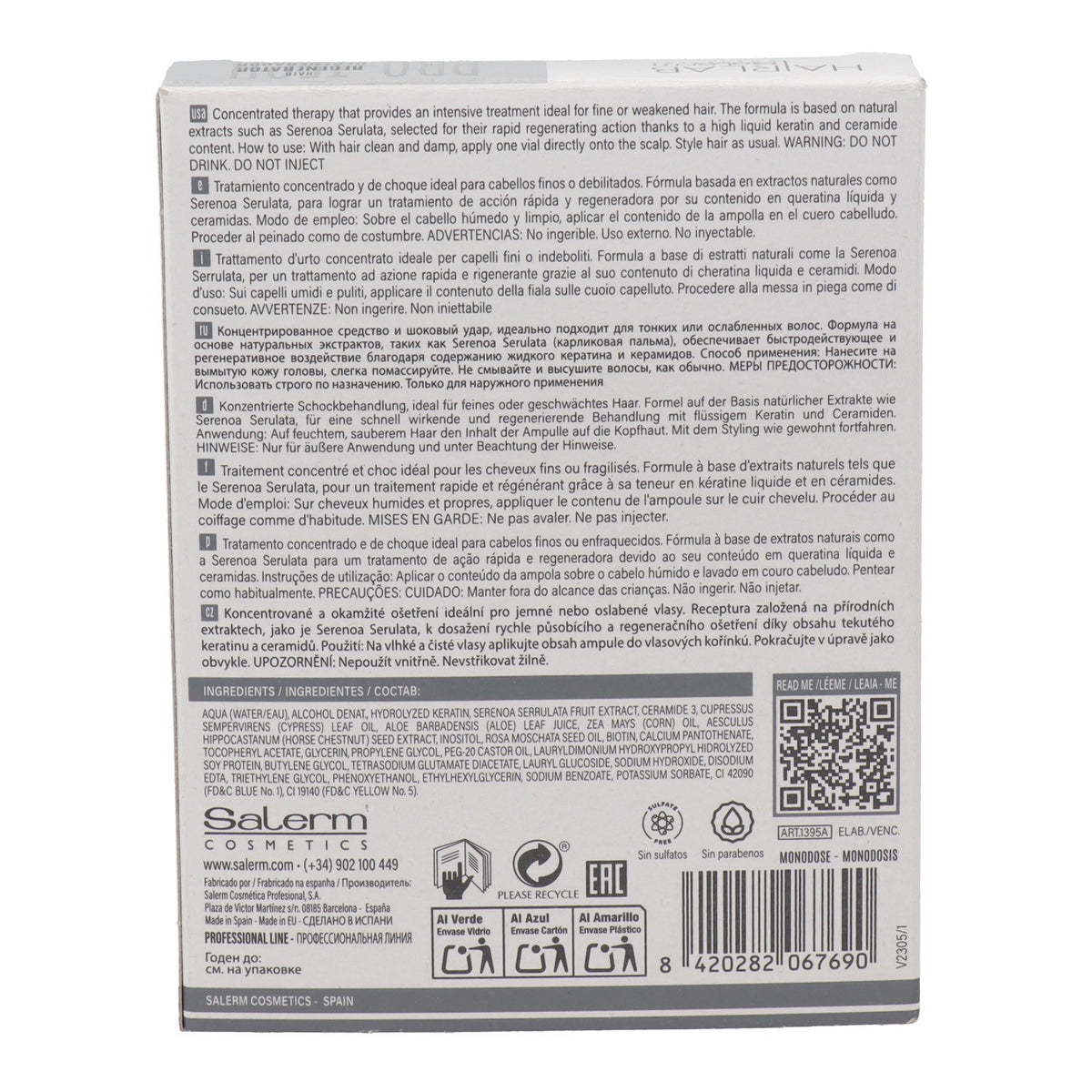 Salerm Cosmetics Hair Scalp Revitalizer Natural Liquid Hair Ceramides - box of 4 vials (0.44oz ea)