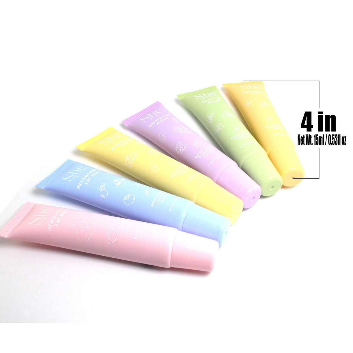 S.he Makeup Glossy Lip Balm Fruit Flavors, Complete Set of All 6 Flavors