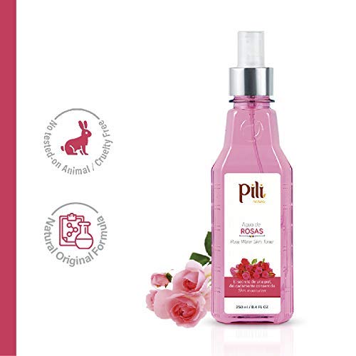 Pili Rose water, facial toner for sensitive skin. Refreshes, tones and moisturizes with the softness of the natural extract of roses and glycerin. 8.4 oz