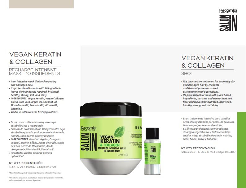 RECAMIER PROFESSIONAL SALON IN Vegan Keratin & Collagen Line 3-PIECE HAIR KIT with Shampoo 33.8 fl.oz. + Conditioner 33.8 fl.oz.+ Recharge Intensive Mask 17.6oz.