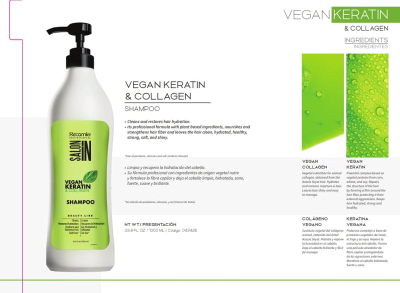 RECAMIER PROFESSIONAL SALON IN Vegan Keratin & Collagen Line 3-PIECE HAIR KIT with Shampoo 33.8 fl.oz. + Conditioner 33.8 fl.oz.+ Recharge Intensive Mask 17.6oz.