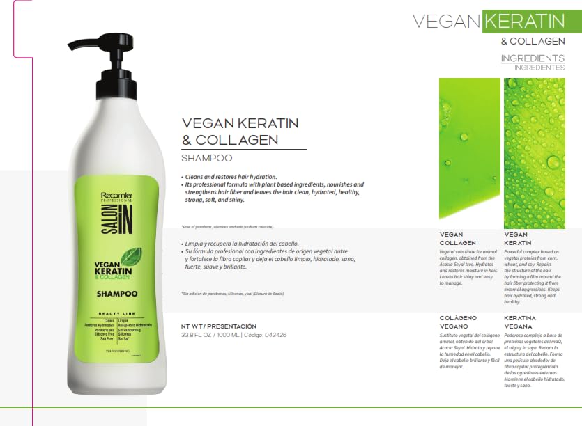 RECAMIER PROFESSIONAL SALON IN Vegan Kerating & Collagen Hair Shampoo 33.8 fl.oz.