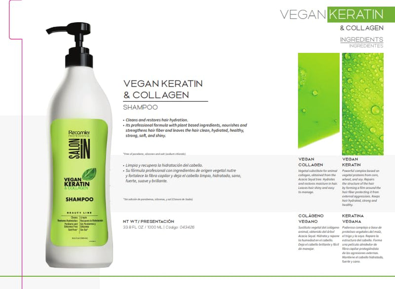 RECAMIER PROFESSIONAL SALON IN Vegan Kerating & Collagen Hair Shampoo 33.8 fl.oz.