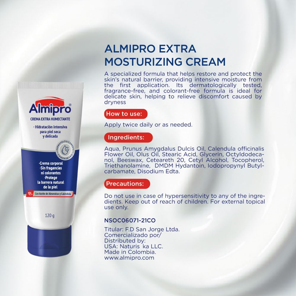 almipro Extra Moisturizing Cream for Dry, Delicate Skin – Intense Hydration with Calendula & Almond Oils – Nourishing Skin Barrier Cream for Fragile & Mature Skin – Fragrance-Free (4.2 oz)