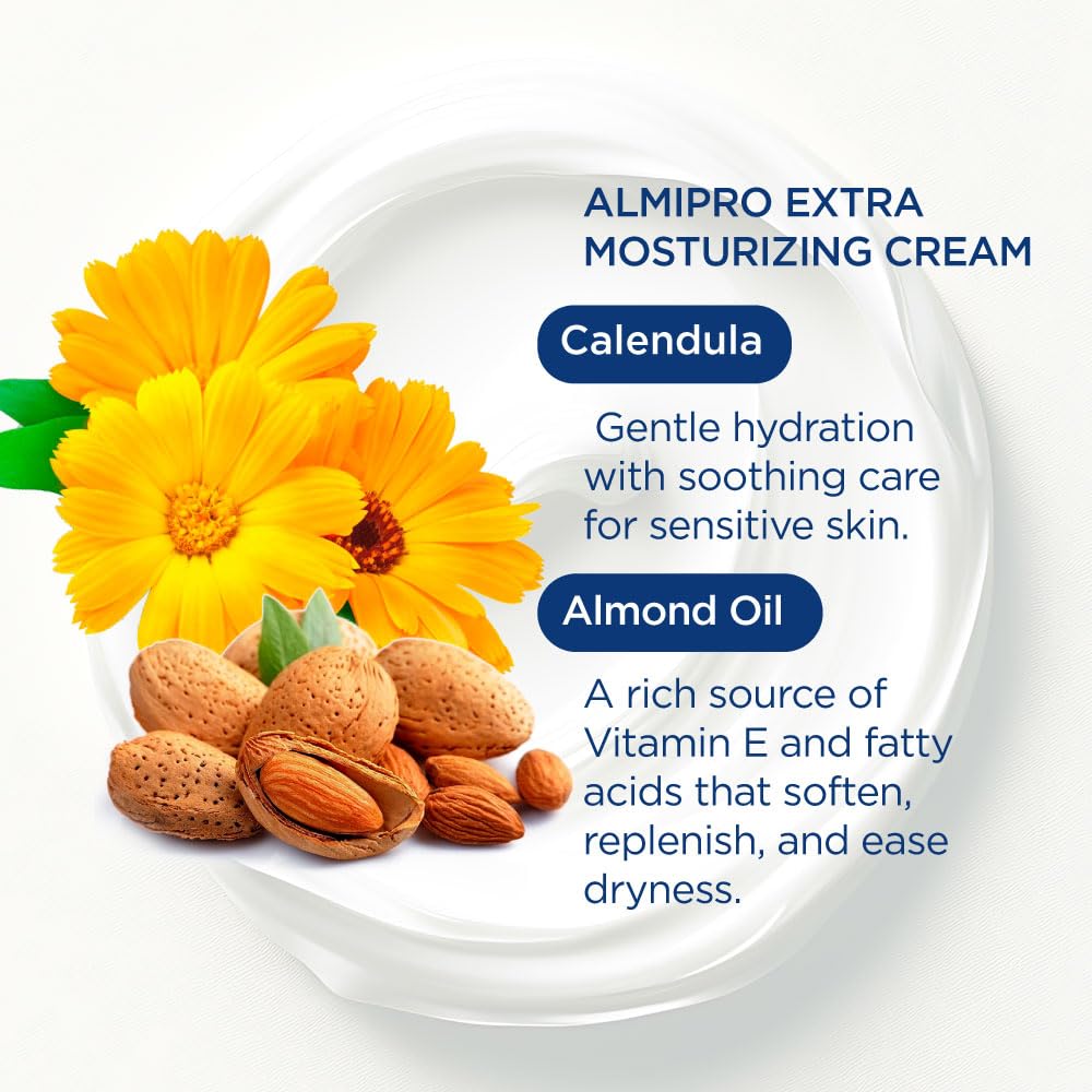 almipro Extra Moisturizing Cream for Dry, Delicate Skin – Intense Hydration with Calendula & Almond Oils – Nourishing Skin Barrier Cream for Fragile & Mature Skin – Fragrance-Free (4.2 oz)