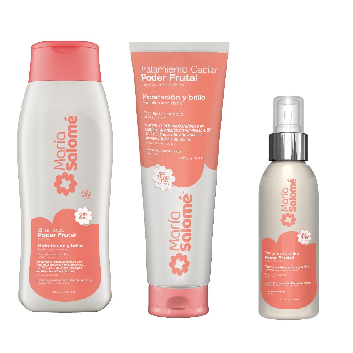 María Salomé Poder Frutal 3-Piece Hair Care Set, Shampoo 400ml, Treatment 250ml, Hair Perfume 120ml, Hydration and Shine, Sulfate Free