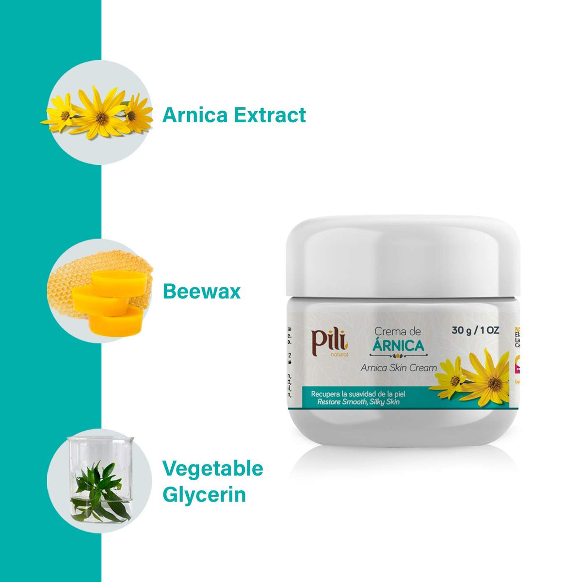 Pili Natural Arnica Cream - Restore Skin conditions - Crema de Arnica -1 oz
