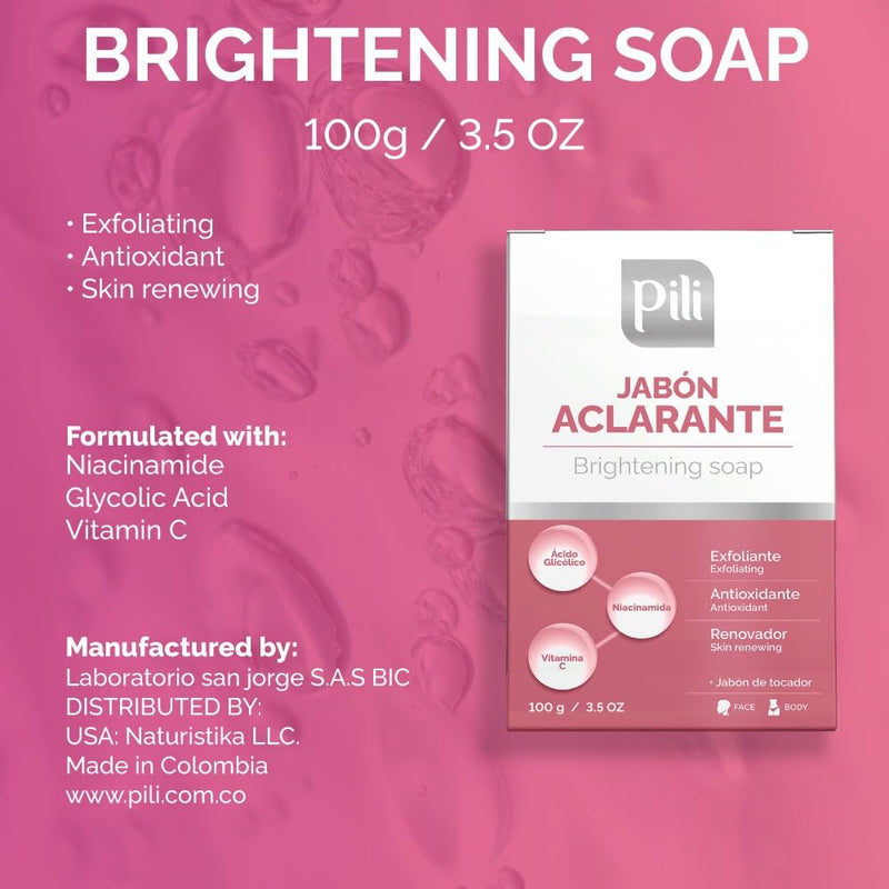 Pili Brightening Soap | Skin Brightening Soap for Face | Exfoliating Bar with Glycolic Acid, Vitamin C & Niacinamide | Even Skin Tone & Glowing Skin | Antioxidant Formula. 3.5 oz (2 Pack)