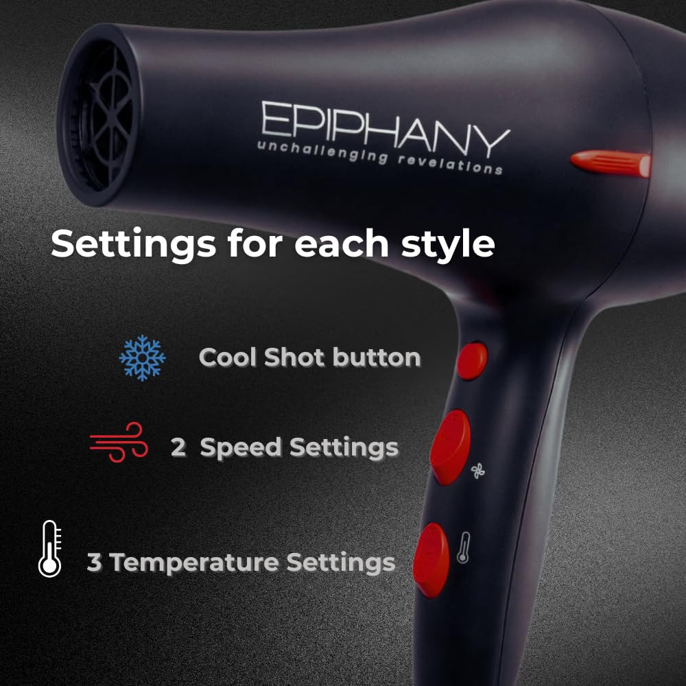 Epiphany Professional Hair Dryer 1875W – Ionic Blow Dryer with Ceramic Tourmaline Technology for Fast Drying, Frizz Control & Shine – Includes Diffuser & 2 Nozzles – Lightweight for All Hair Types